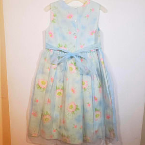 Vintage Thomas Sheer Organza Blue Floral Dress Girls Sz 10 Party